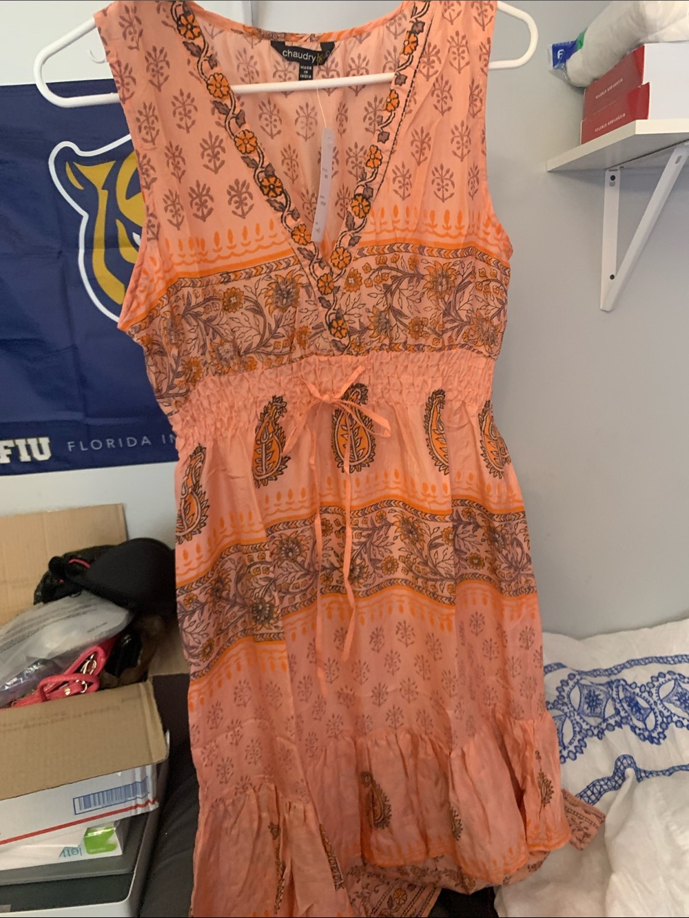 Chaudry Orange Paisley Midi Dress with Smocked Waist 100% Silk